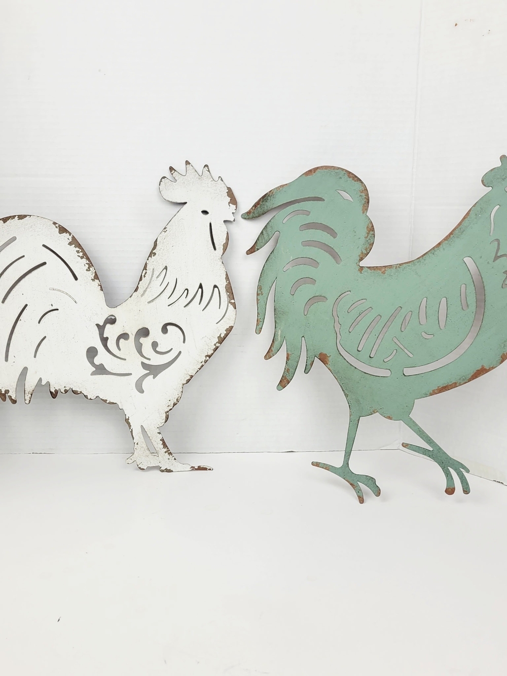 Set of 2~Rooster Metal Wall Decor ~Distressed~Rustic Farmcore~Turquoise~White